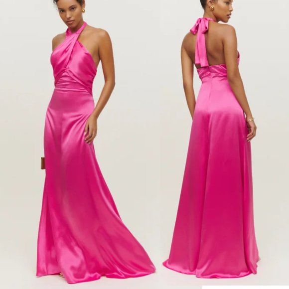 NWT Reformation Veria Silk Maxi Dress Sz 12 Flambe Pink Halter Neckline - Picture 1 of 9
